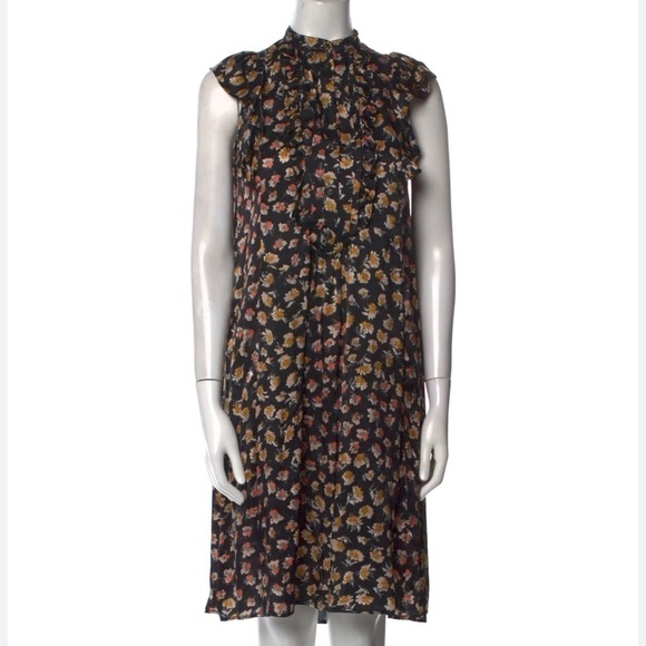 Warm Dress Shift Style Floral Ruffle Frill High Low Hem 100% Silk Small S - Picture 1 of 11